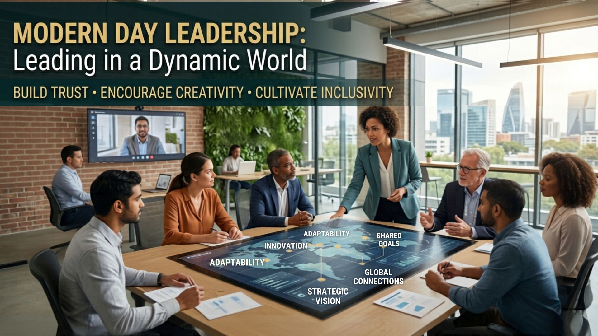 Modern leader guiding a diverse team in a dynamic digital workplace