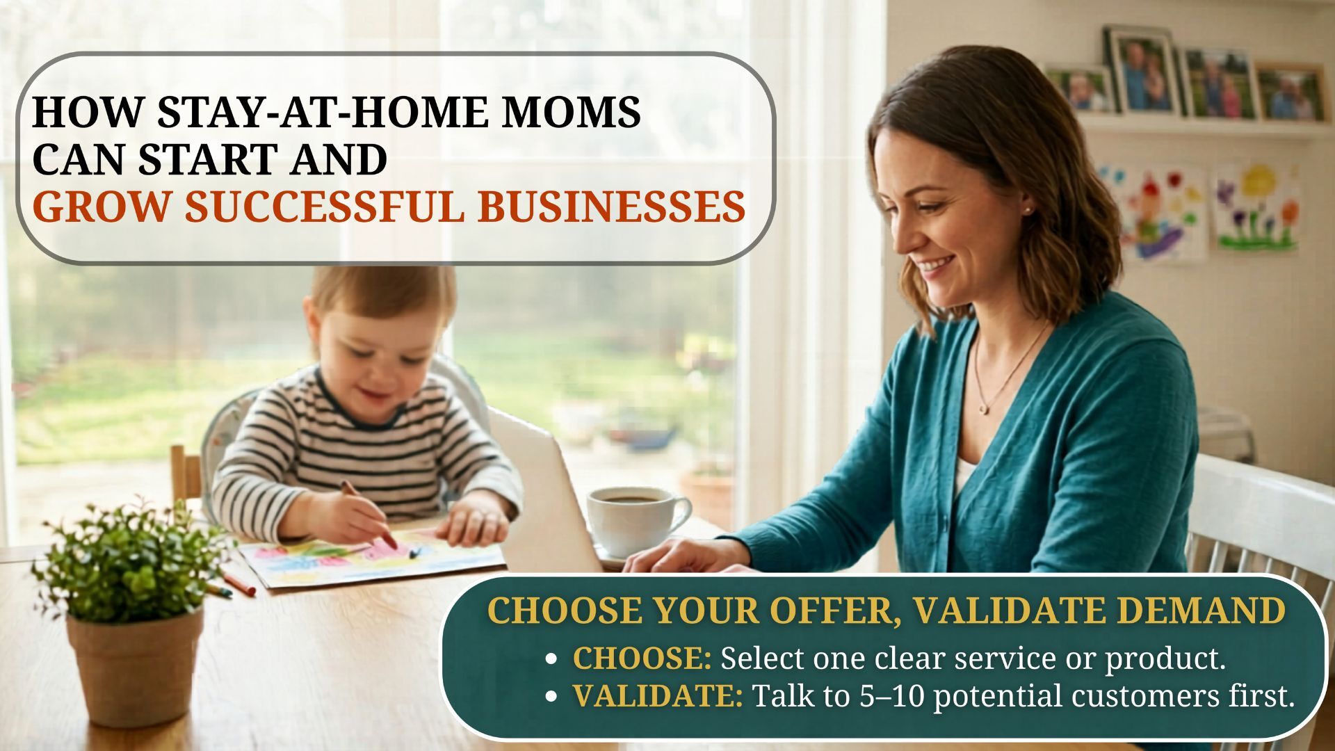 Stay-at-home mom working on a laptop while managing home and business tasks