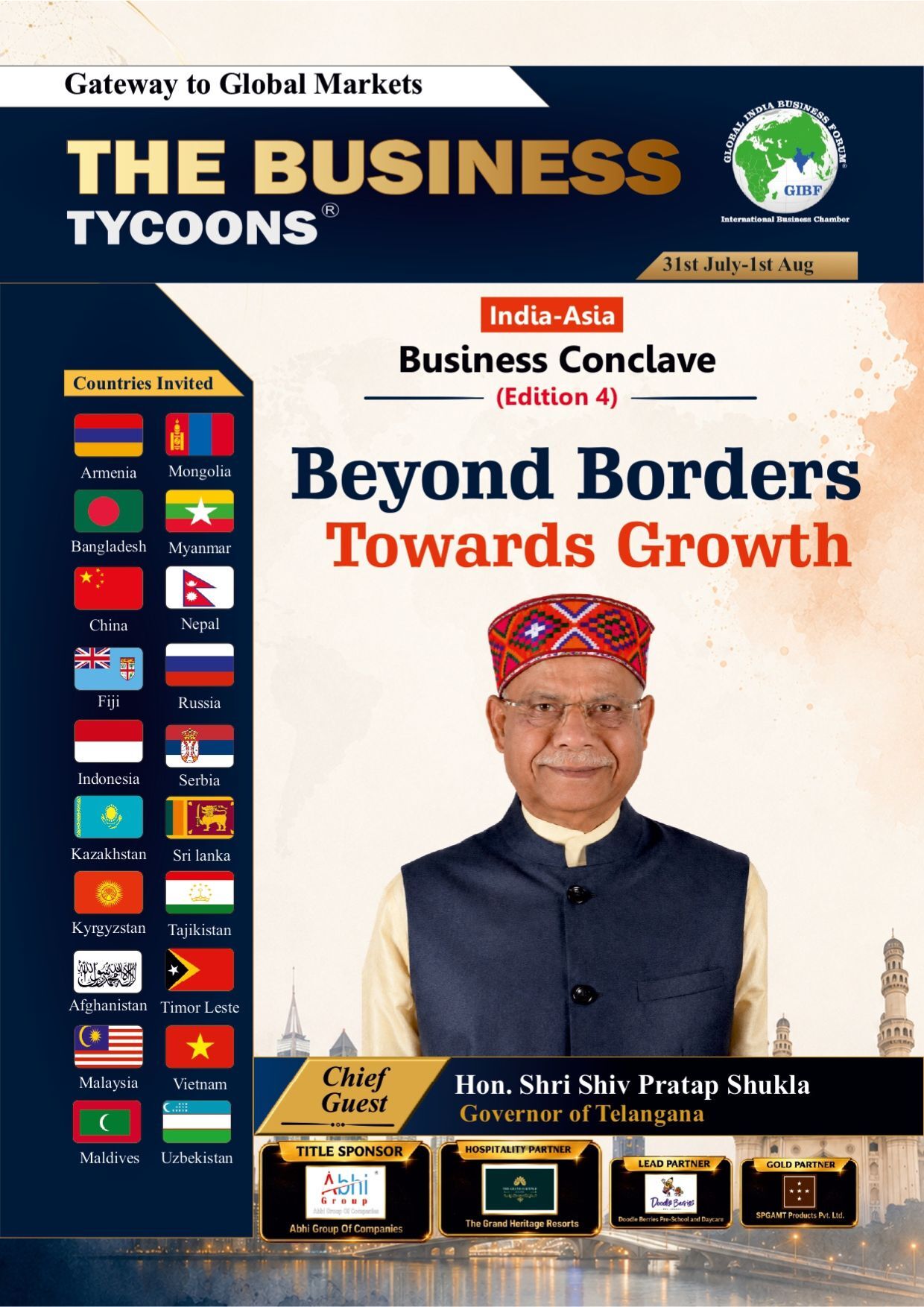 Magazine cover features international diplomats, business leaders, GIBF branding, & the theme Beyond Borders Towards Growth.