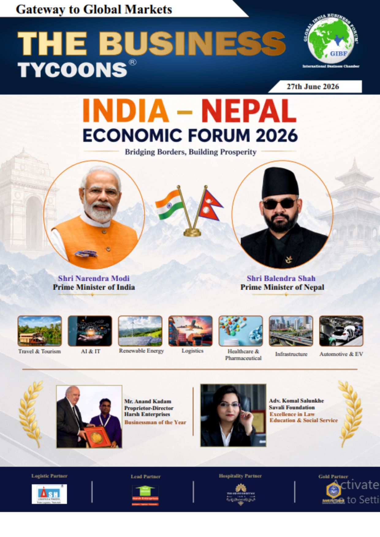 India–Nepal Economic Forum 2026 magazine cover featuring India and Nepal Prime Ministers with GIBF branding