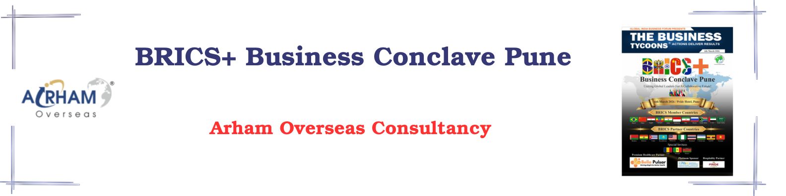 BRICS+ Business Conclave Pune banner featuring Arham Overseas Consultancy and international business networking