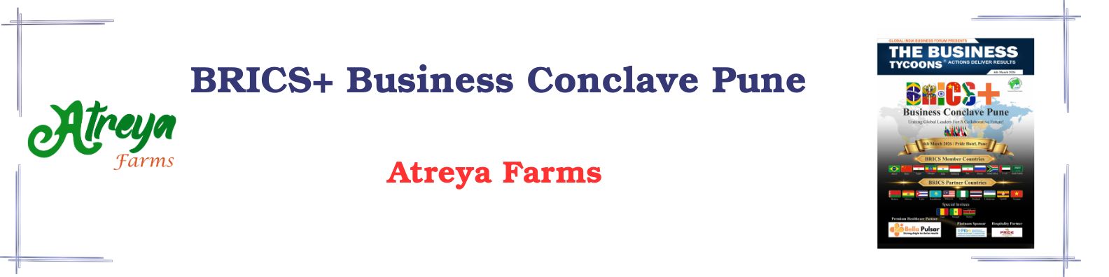 BRICS+ Business Conclave Pune banner featuring Atreya Farms and global agribusiness networking