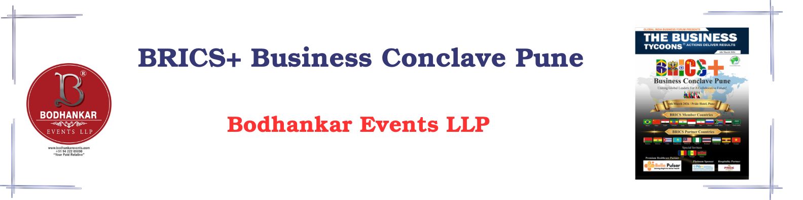 BRICS+ Business Conclave Pune banner highlighting Bodhankar Events LLP and global business networking event