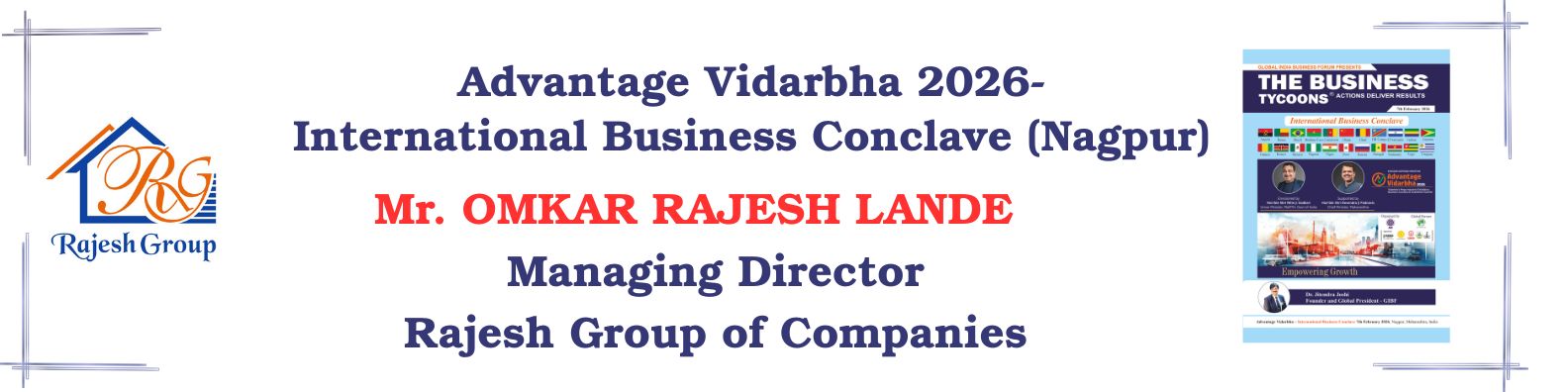 Banner of Mr. Omkar Rajesh Lande, Managing Director of Rajesh Group at Advantage Vidarbha 2026 Business Conclave Nagpur